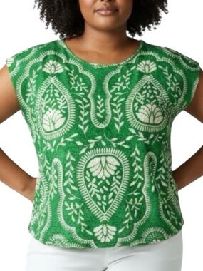 JOIE Linen Beach Knit Tee Cap-Sleeve Top in Green/White Size Small